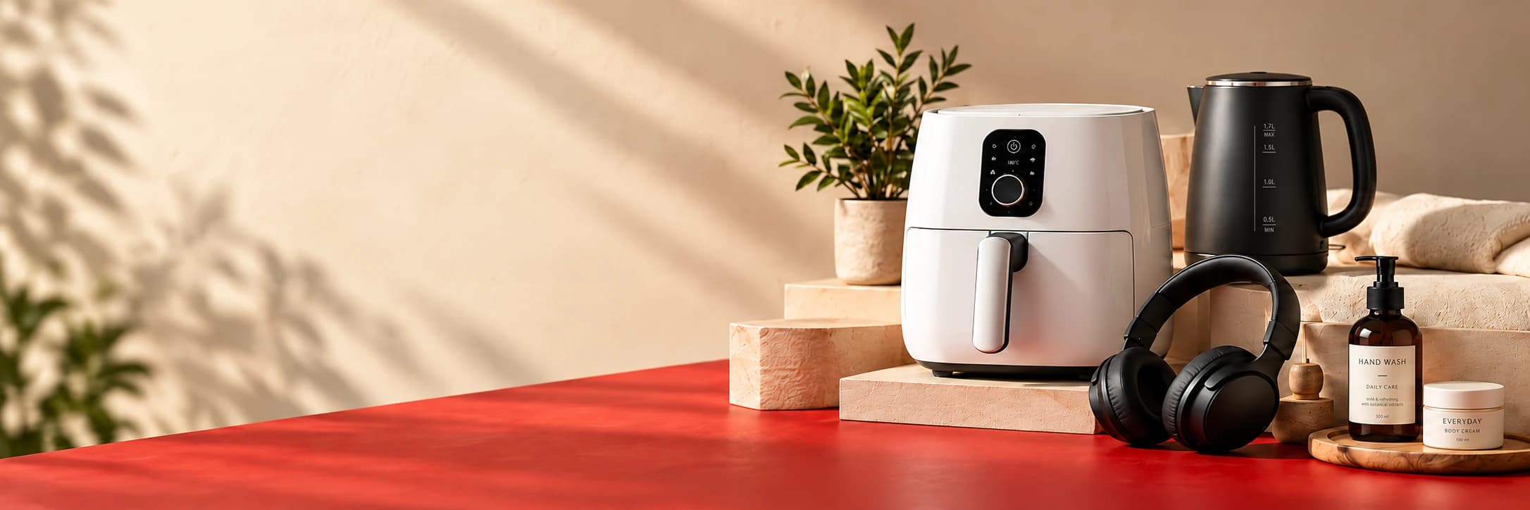 Home, kitchen, audio and beauty essentials in a warm studio setting